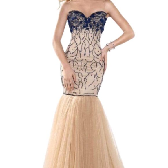 NWT Tarik Ediz MTE92390 Satin Prom Dress Blue Size 2 - Picture 2 of 8